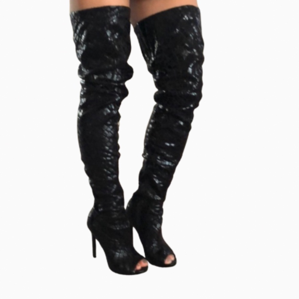 Black Crocodile-Embossed Over-the-Knee Stiletto Boots